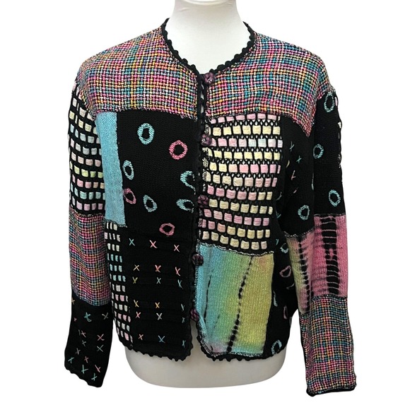 Sweaters - Vintage 80's Cotton Silk Patchwork Cardigan Sweater Black Multi Art to Wear M